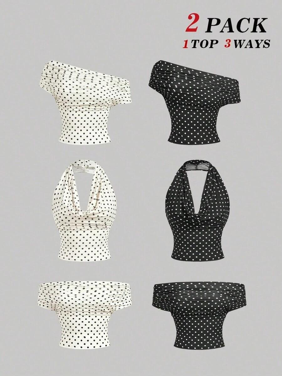 Set de 2 blusas casuales de mujer de ajuste ceñido y unicolor, que se pueden usar de 3 maneras diferentes - Blanco y Negro - Ver 1