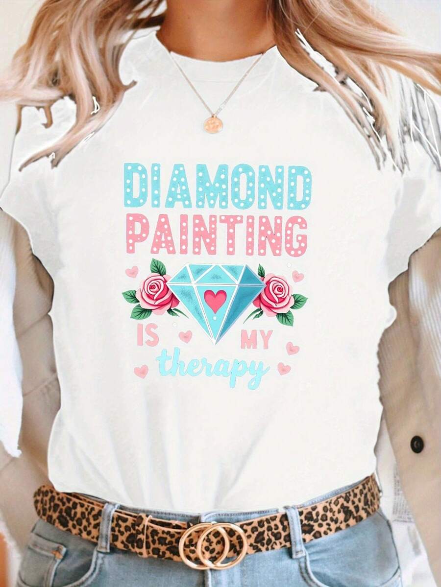 Women's T-Shirts, Women's T-Shirts, T-Shirt With The Design "Diamond Painting Is To Relieve Stress" - Short Sleeve, Round Neck, Casual Top, Diamond Painting Pattern Design, Suitable For Spring And Summer, Medium Elasticity, Exclusive Outfit For Diamond Painting Enthusiasts. - 1件白色隨機圖案 - 查看 1