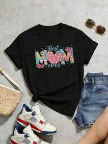 Women's Summer T-Shirt, Casual, Soft, Round Neck, Short Sleeve, With Pink Heart Floral Print, "World's Best Mom". Black. - 黑色 - 查看 2