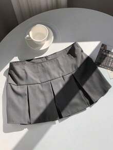 Falda plisada con detalle de cintura ancha y pliegues para el verano - Gris Oscuro - Ver 7