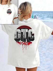 Pattern With Large Letters Formed By Tire Tracks And Red Paint Effects Symbolizing Strength, Movement, And A Passion For Freedom. Modern And Comfortable Double-Sided Women's T-Shirt - 白色 - 查看 8