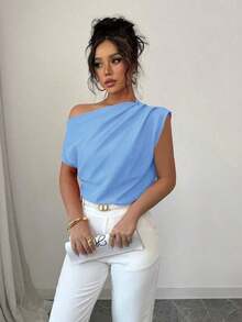 Blusa de unicolor con cuello asimétrico y plisado a la moda para mujeres - Celeste - Ver 3