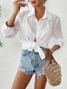 Kimono de manga larga con botones de un color informal, para cubrir en el verano, vacaciones en la playa - Blanco - Ver 8