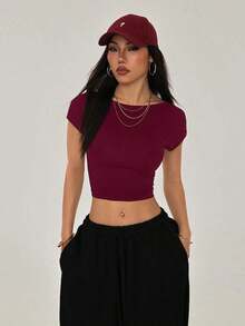 Camiseta negra con espalda abierta, adecuada para talla pequeña, para verano - Burdeos - Ver 4