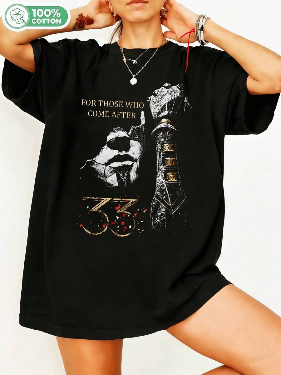 Expedition 333 For Those Who Come After Golden Hand Red Rose Graphic T-Shirt, Dark Fantasy Gamer Casual Cotton T-Shirt For Fans. - 黑色 - 查看 1