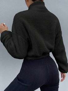 Drop Shoulder Zip Up Teddy Jacket Fall Winter Cloth For Women - Negro - Ver 2