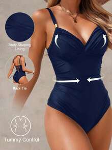 Traje de baño de una pieza con control de abdomen y acolchado, elegante y maduro, para mujer, color negro - Azul marino - Ver 1