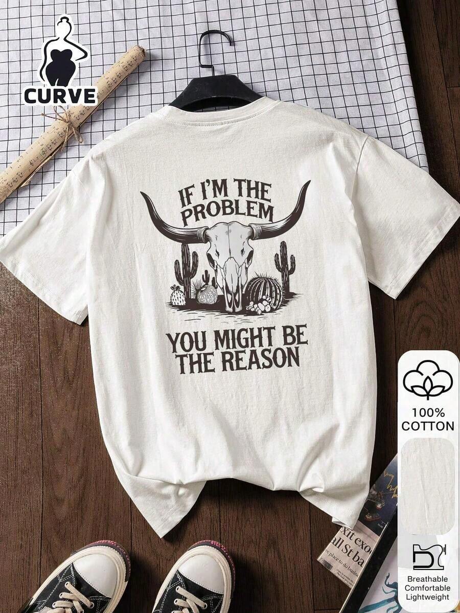 Blusa holgada de algodón 100% con estampado de cabeza de toro, letra del desierto y estilo vaquero occidental para mujeres de talla grande, camiseta gráfica, tela suave, ropa de algodón, ropa para exteriores, estampado impreso, camiseta de verano, blusa de verano, atuendo de vacaciones, estilo de viaje, vibra de playa, ropa de resort minimalista, estilo de vacaciones en la isla, estado de ánimo de verano, inspiración de moda de verano, ropa de resort, estilo costero, París, Los Ángeles, Londres, Bangkok Blanco - Blanco - Ver 1