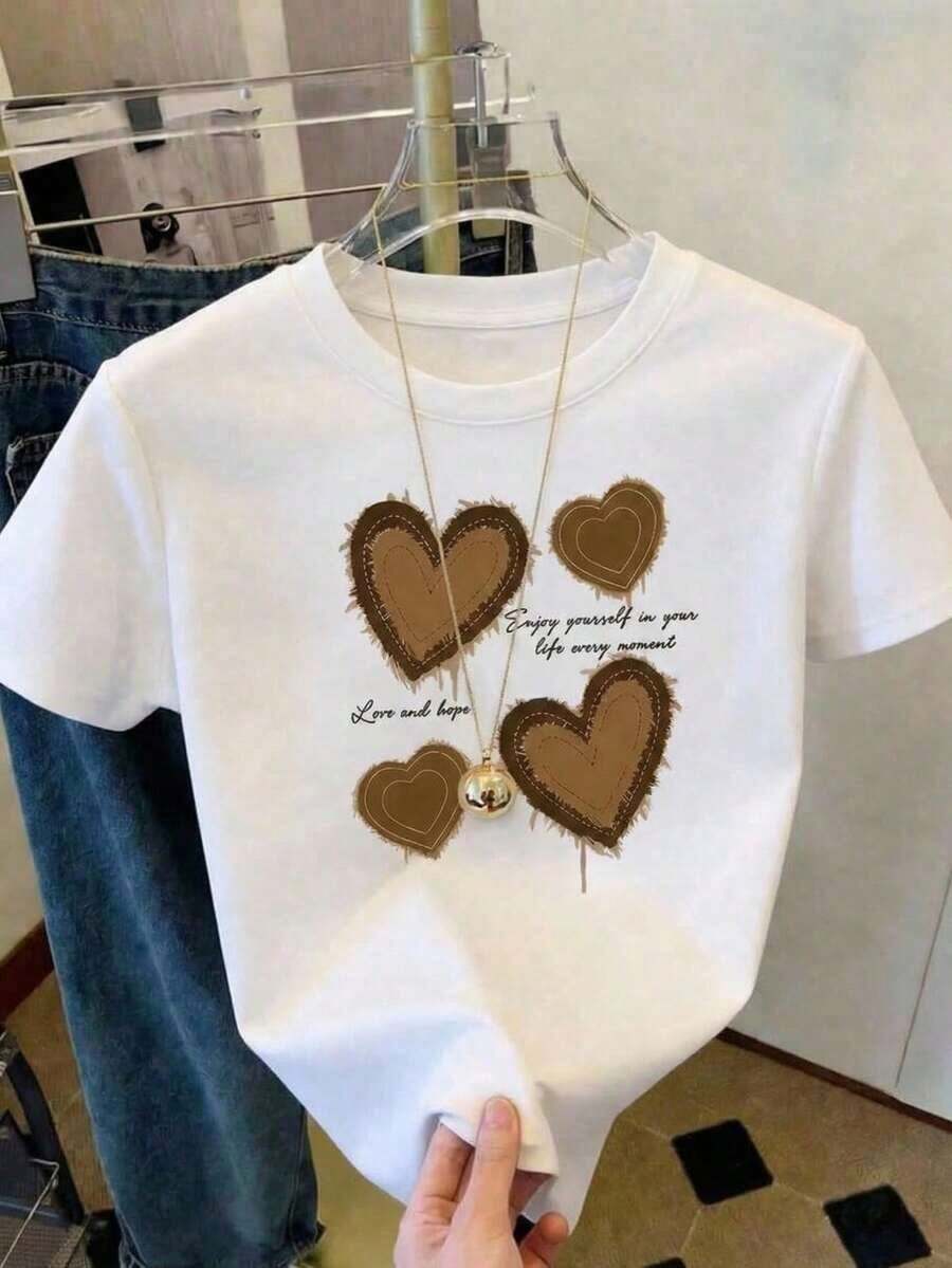 Free Shipping, Local Delivery In Mexico, 4-Day Delivery. Women's Short-Sleeved Crew Neck T-Shirt, Loose Fit, Casual And Versatile. Featuring A Modern, Elegant And Sophisticated Simple Letter Print, Perfect As A Wardrobe Staple; Made From Soft Fabric With A Beautiful Drape. - 白色 2 - 查看 1
