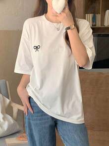1 Piece Women's T-Shirt With Embroidered Bow, Loose Fit, Short Sleeve, Round Neck, Autumn Clothing, Preppy Style, 180g 100% Cotton - 白色 - 查看 4