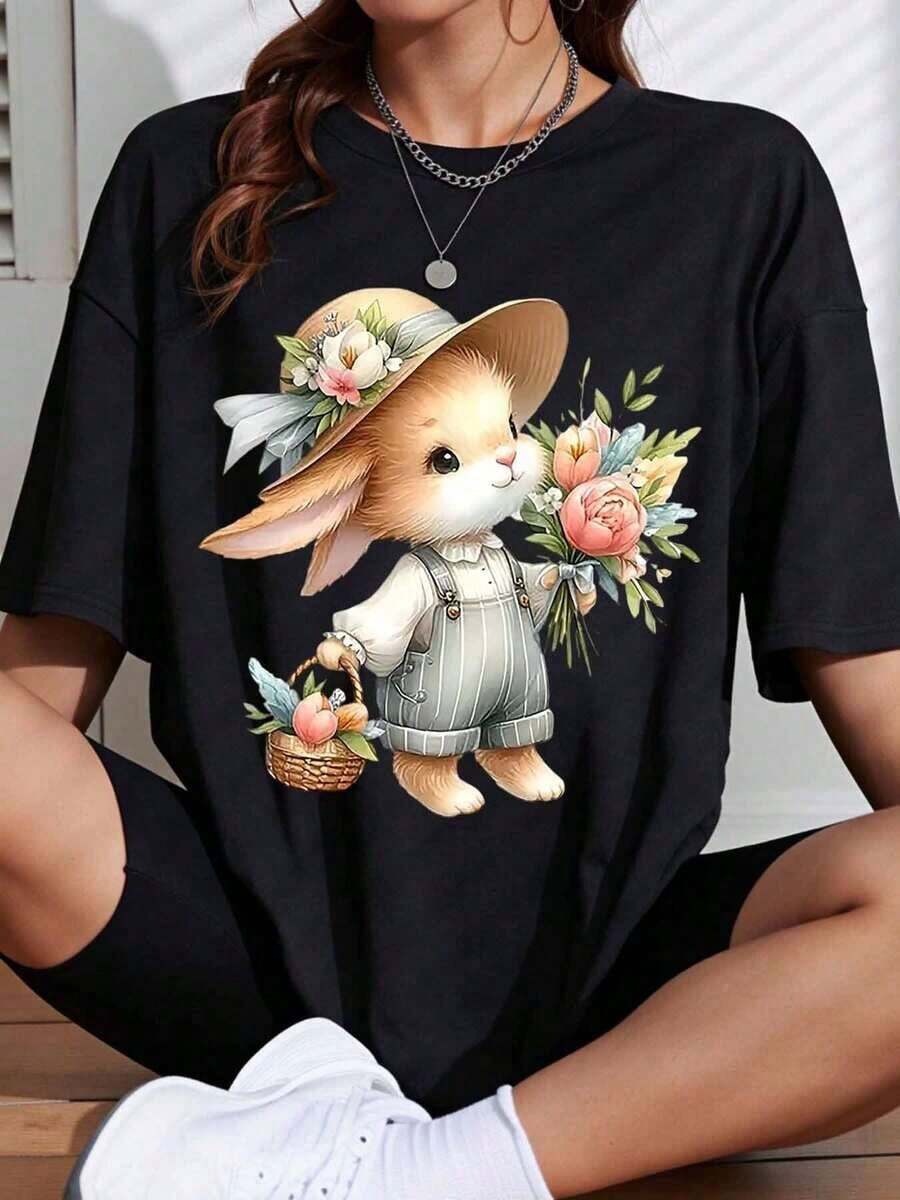 1 Piece Of White T-Shirt With Bunny And Floral Basket Print, Ideal For Spring And Summer, Casual Use, 180g, 100% Cotton. - 黑色 - 查看 1