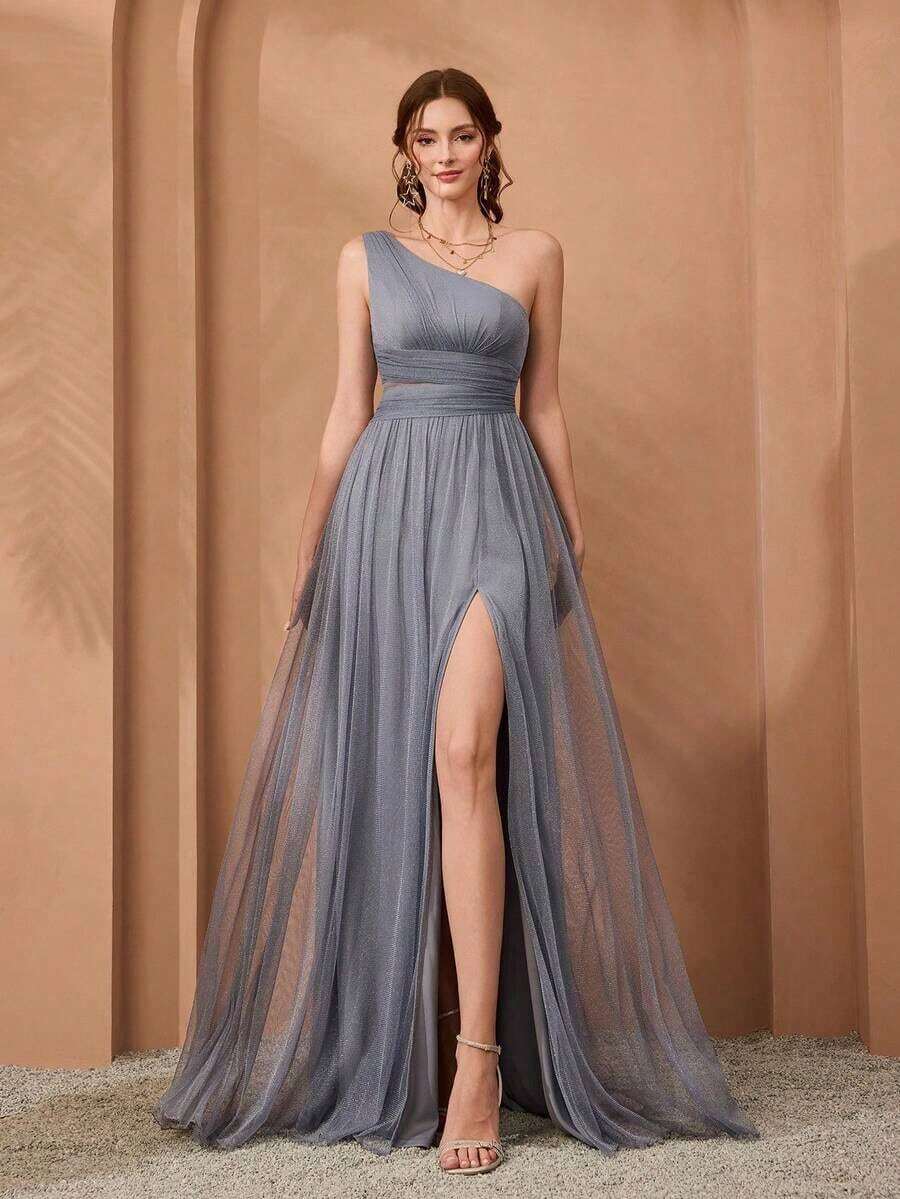 Vestido de malla con un hombro asimétrico, pecho fruncido, recorte hueco y abertura alta en A, vestido de dama de honor para boda, color rosa, primavera - Púrpura polvoriento - Ver 1