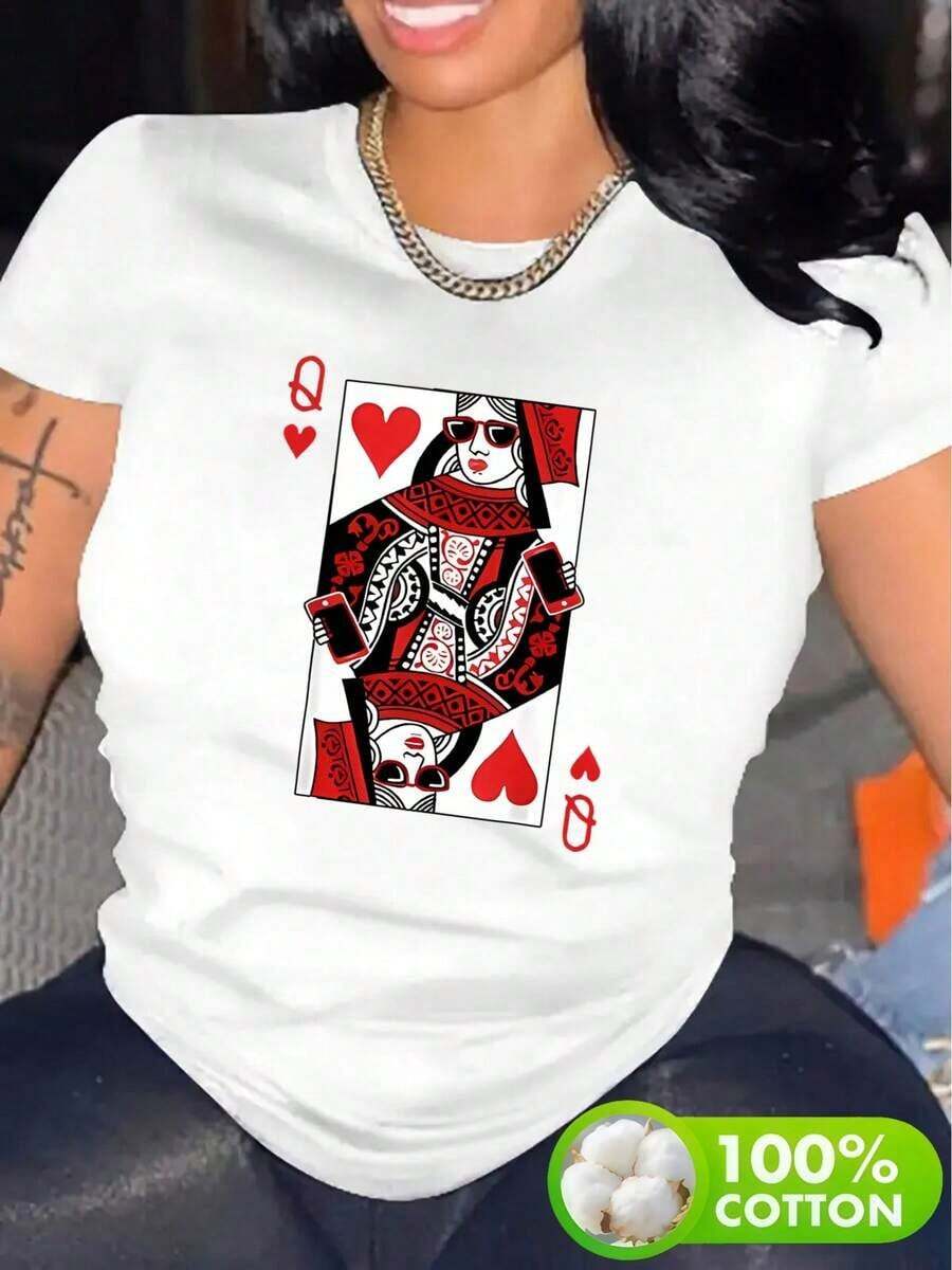 Plus Size Women's Clothing, Casual Short Sleeve T-Shirt For Women - Bold Red Heart Queen Pattern Print, Black And Red Brand Design, Soft Cotton Fabric, Round Neck, Machine Washable, Comfortable All Season Top, Non-See-Through Material, Fashionable Women's T-Shirt - 白色的 - 查看 1