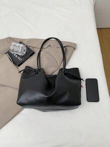2个装女士黑色绗缝内衬手提包，时尚大容量单肩包，按扣开合，休闲街头风，适合摄影、通勤等场合。 - 黑色 - 查看 3
