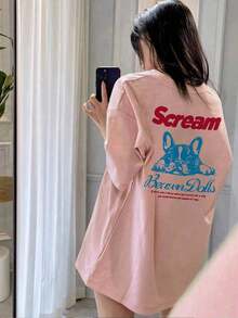Women's Summer T-Shirt, American Vintage Style, Cream Color, With French Bulldog Print, Loose Fit, Versatile, Short Sleeve, Casual, White - ピンク - 查看 3