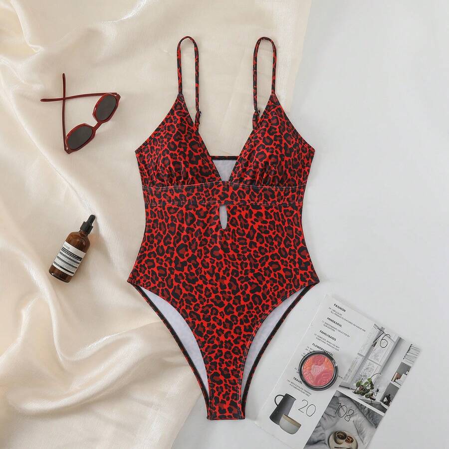 Sexy Leopard Print One-Piece Swimsuit. - Red Leopard Print - View 1