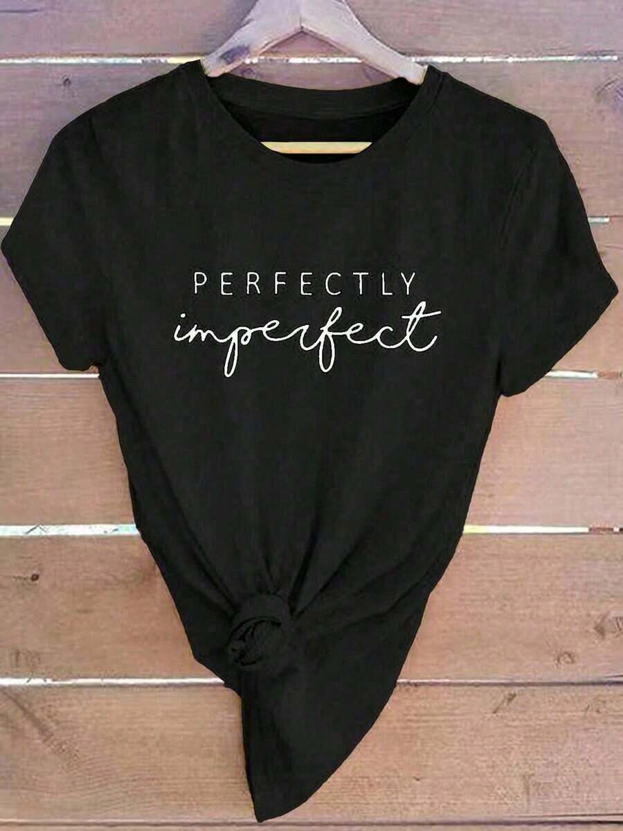 100% cotton Camiseta Casual Minimalista con Estampado de Letras, Manga Corta, Camisetas Gráficas PERFECTLY Imperfect para Mujer - Unisex, Corte Holgado, Cómoda, Estilo Vintage Urbano, Camiseta de Algodón - Negro - Ver 1