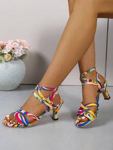 Neon Color Block Criss-Cross Strap High Heel Sandals, Eye-Catching Sexy Style - Iridescent - View 14