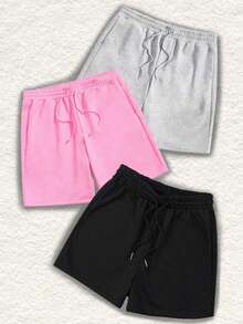 3 piezas Pantalones cortos deportivos casuales de cintura elástica y cordón de unicolor - Multicolor 2 - Ver 12