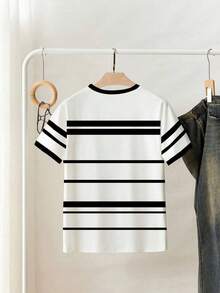 Camiseta de mujer de manga corta con cuello redondo, estampado de rayas y lazo, de estilo casual para verano - Negro - Ver 2