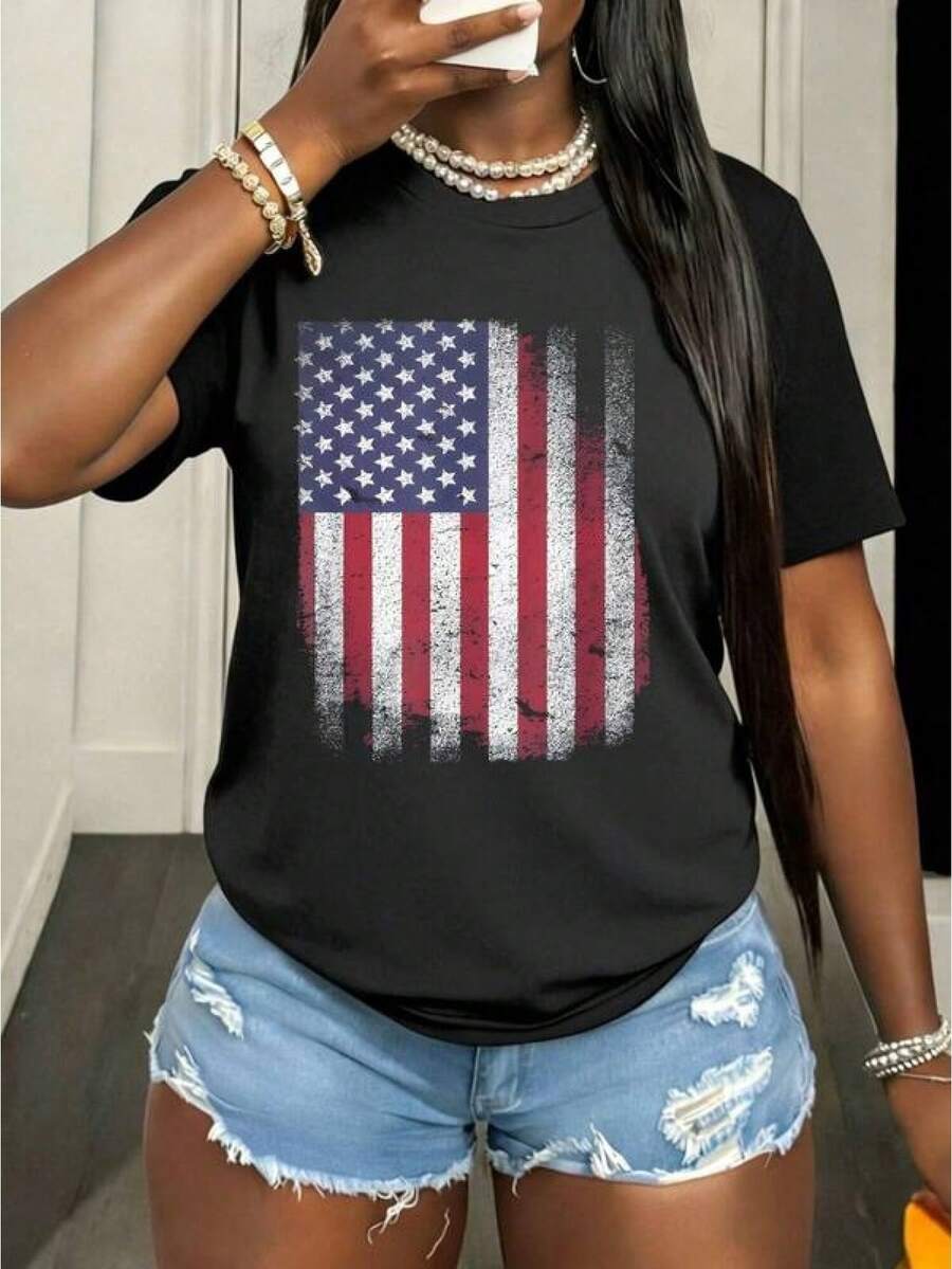 Plus Size Women's Clothing For The 4th Of July, US Flag Clothing For The 4th Of July, Red, White And Blue With Stars And Stripes, 4th Of July Outfit, Summer Tops, Summer Outfit For Independence Day Celebration, Graphic Tees For Women, Summer Outfits For Women. - 黑色 - 查看 1