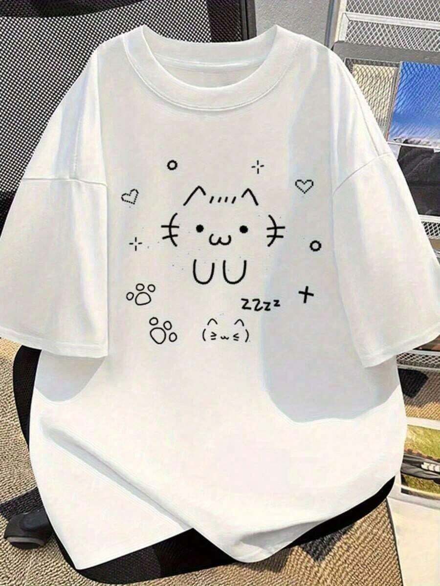 Camiseta de Mujer con Estampado de Gato y Corazón - Top Casual Holgado, Cuello Redondo Transpirable, Ropa Moderna Lavable a Máquina, Ideal para Uso en Casa o como Regalo, Diseño Divertido, Atuendo Diario, Idea de Regalo, Camiseta de Cuello Redondo, Diseño Juguetón, Tela Transpirable - Negro - Ver 1