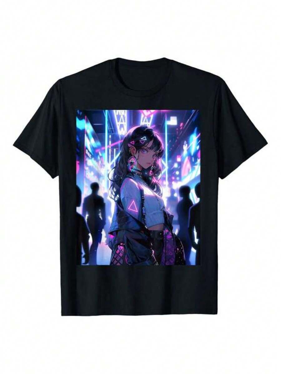 Camiseta Estilo Japonés con Diseño de Chica Anime Linda (Waifu Otaku), 220G, Impresión a una Cara, Cuello Redondo, Manga Corta - Negro - Ver 1