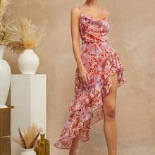 Women's Floral Print Ruffle Trim Asymmetric Hem Elegant Camisole Dress - Negro - Ver 2