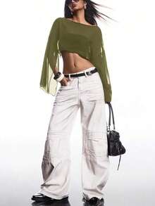 Blusa corta suelta de mangas de murciélago y cuello redondo de unicolor para mujer, de manga tres cuartos, para primavera/verano - Verde militar - Ver 6