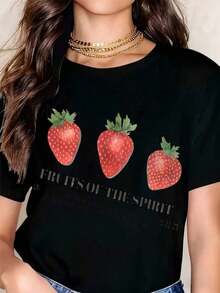 Camiseta Casual de Moda para Mujer, Corte Holgado, Cuello Redondo, Manga Corta, con Estampado Gráfico de Fresas "Fruits Of The Spirit", para Uso Diario y Eventos Religiosos. - Negro - Ver 6