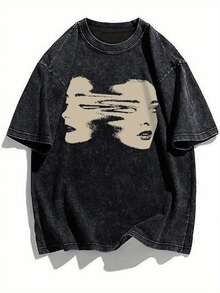 Camiseta de manga corta para mujer estampado rostro abstracto y letras estilo vintage alta calidad algodón puro lavado cuello redondo corte holgado estilo urbano estilo hip hop temporada de verano blusas para mujer camiseta de mujer nacional envio - Negro - Ver 1