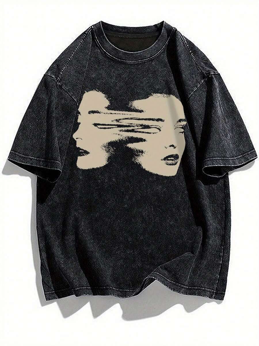 Camiseta de manga corta para mujer estampado rostro abstracto y letras estilo vintage alta calidad algodón puro lavado cuello redondo corte holgado estilo urbano estilo hip hop temporada de verano blusas para mujer camiseta de mujer nacional envio - Negro - Ver 1