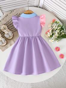 Young Girl Pink & Purple Color Block Shirt Dress, Sleeveless, Light Blue Ruffle Collar, 3D Colorful Floral Decor - Pink and Purple - View 4