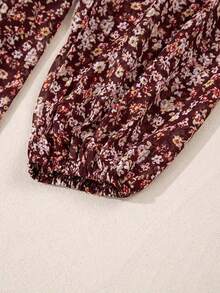 Acelitt Vestido de manga farol con frente fruncido y parches con estampado floral diminuto, elegante para vacaciones de primavera - Rojo - Ver 9