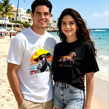 2-Piece Couple Matching Pattern T-Shirt, 100% Cotton, Loose Fit, Soft And Breathable, Casual Round Neck Short Sleeved Top King Bandana Portrait Sweet Roses Bouquet Versatile Patterns No Picky Combinations Coordinated Dating Casual Travel Simple And Cartoonish Printing Styles High Cost-Effectiveness - 白色 - 查看 1
