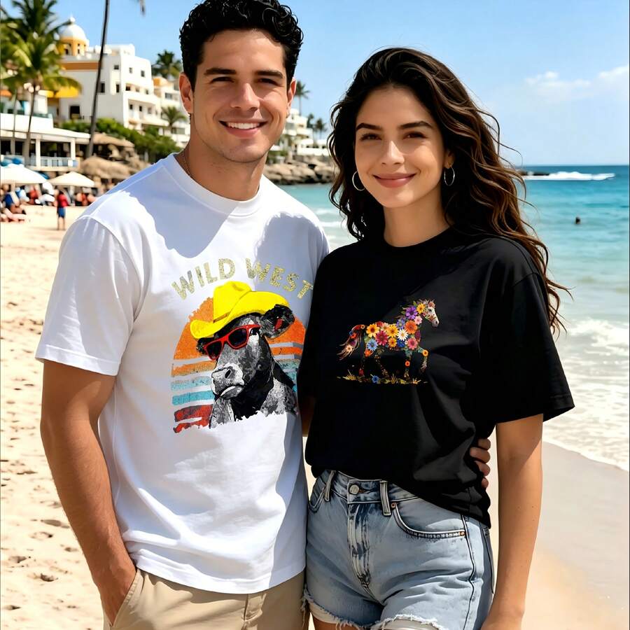 2-Piece Couple Matching Pattern T-Shirt, 100% Cotton, Loose Fit, Soft And Breathable, Casual Round Neck Short Sleeved Top King Bandana Portrait Sweet Roses Bouquet Versatile Patterns No Picky Combinations Coordinated Dating Casual Travel Simple And Cartoonish Printing Styles High Cost-Effectiveness - 白色 - 查看 1