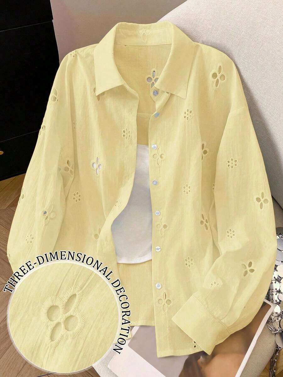 Camisa casual de mujer de manga larga con bordado calado y abotonadura sencilla - Amarillo claro - Ver 1