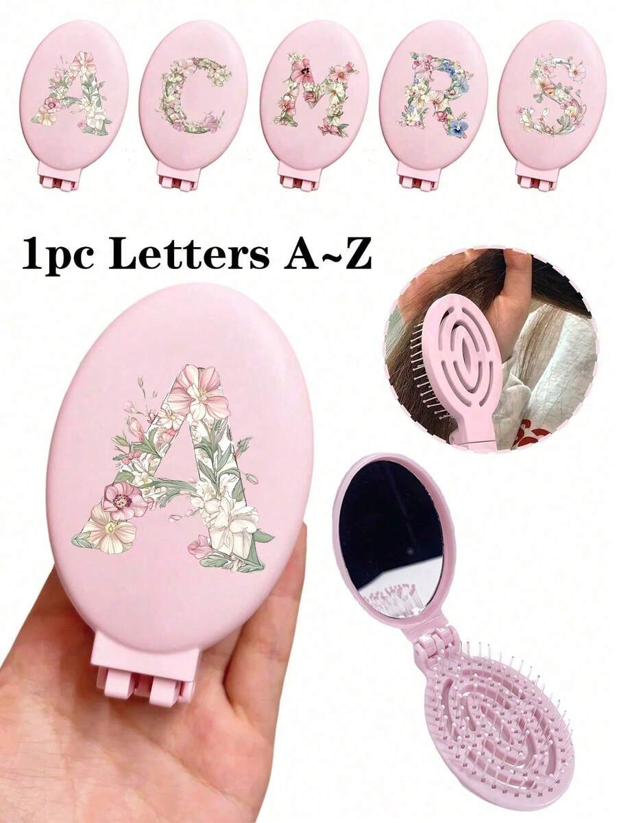 粉色乾燥花字母 A-Z、粉色便攜鏤空化妝鏡、一體式折疊化妝鏡梳子與化妝鏡-便攜式桌面現代美容工具,適合旅行與戶外活動;折疊梳子附化妝鏡,輕巧易攜,完美滿足旅行與戶外需求;雙用氣墊梳,頭皮按摩梳 - 彩色 - 查看 1