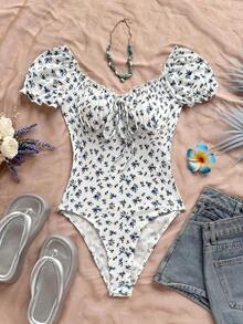 Body con estampado floral de hombros descubiertos ribete fruncido con nudo delantero pecho con fruncido - Azul 2 - Ver 6
