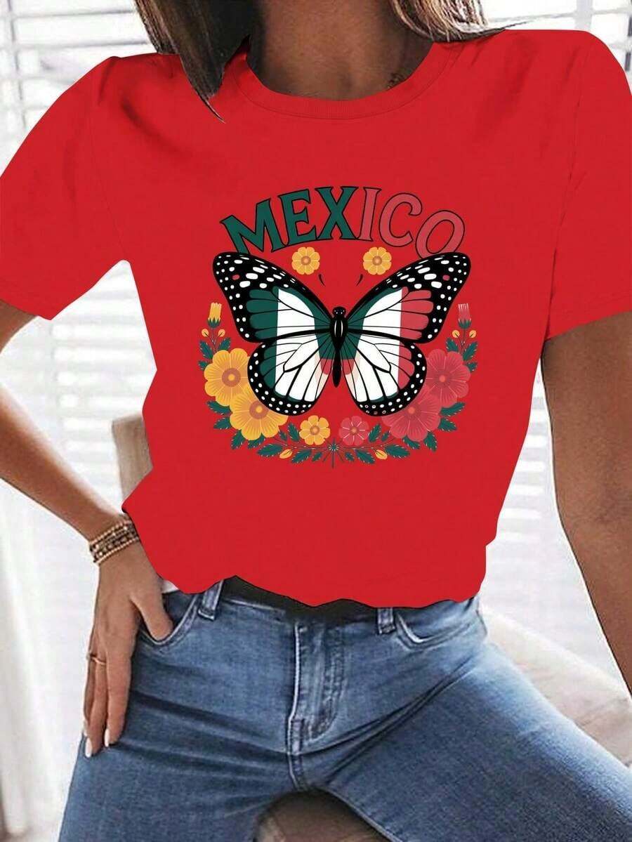 ComfortableCamisetas Ligeras con Estampado Gráfico para Mujer - Diseño de Bandera Mexicana y Mariachi - Camiseta de manga corta con cuello redondo 100% cómoda, con letras mexicanas y diseño de sombrero - Prenda cultural mexicana vibrante, adecuada para uso diario y eventos temáticos - Arte geométrico de mariposas y colores de la bandera mexicana - Lavable a máquina, apta para todas las estaciones - Corte holgado para mujer, blusas y camisas para mujer, camisetas para mujer, blusas y camisas para mujer, ropa de moda para mujer, camisetas para mujer, ropa de mujer 100% algodón, éxito de . Camiseta Holgada y Versátil de Manga Corta para Mujer - Rojo - Ver 1