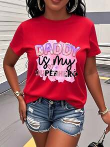Camiseta Estampada "Papá Es Mi Superhéroe", Ropa de Mujer de Manga Corta y Cuello Redondo, Diseño de Dibujos Animados Adorable, Conjunto para Padres e Hijos, Regalo para el Día del Padre, Ex - Rojo - Ver 1