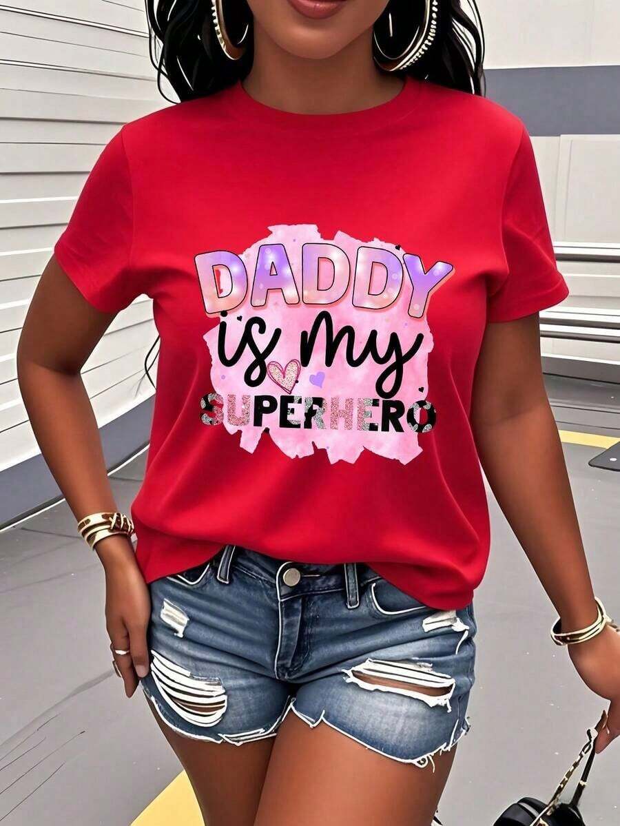 Camiseta Estampada "Papá Es Mi Superhéroe", Ropa de Mujer de Manga Corta y Cuello Redondo, Diseño de Dibujos Animados Adorable, Conjunto para Padres e Hijos, Regalo para el Día del Padre, Ex - Rojo - Ver 1