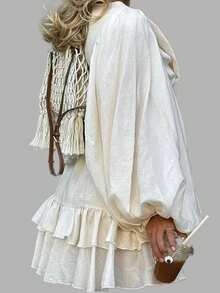 Vestido corto francés primavera 2026, cintura alta, mangas abullonadas y volantes - Blanco - Ver 4