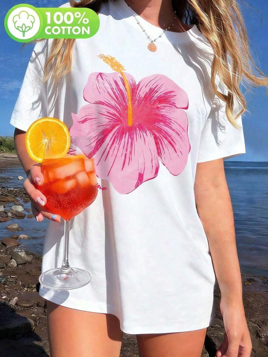 Women's Clothing: Short-Sleeved T-Shirt With Kapok Floral Print, Round Neck, Casual, 100% Pure Cotton, For Beach/Summer, Holiday Style Gifts, Women's Shirts - 白色 - 查看 1