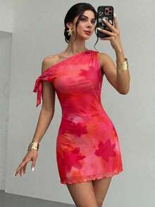 Elegant Off-The-Shoulder Floral Vacation Dress, Floral Mesh Dress, Asymmetrical Neckline Dress, Perfect For Spring/Summer, Beachwear, Elegant, Vacation, Beach, Hawaii, Date, Music Festival, Graduation, Prom - 紅色 - 查看 1