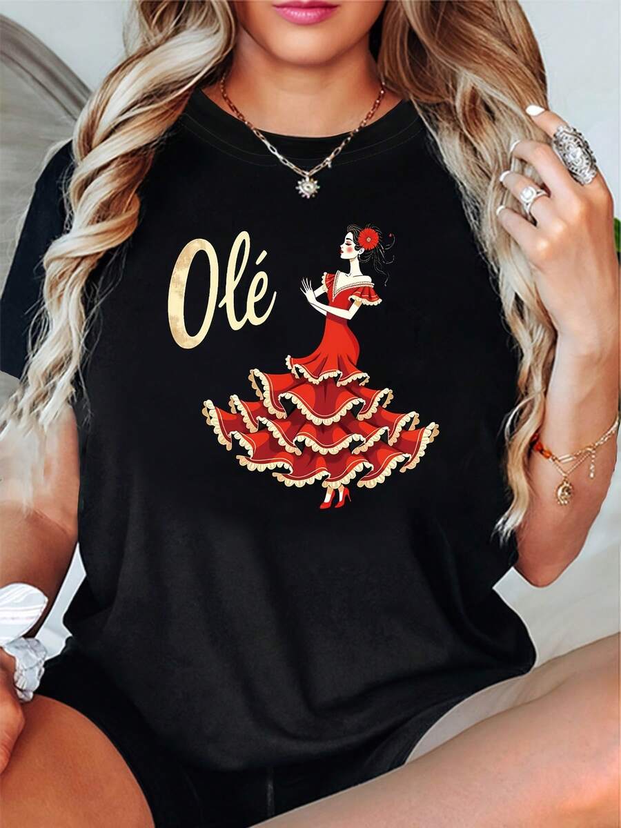 Una camiseta de manga corta y cuello redondo para mujer con elementos de flamenco y la palabra española 'Olé', perfecta para salidas casuales, regalos festivos y reuniones durante la primavera y el verano. - Negro - Ver 1