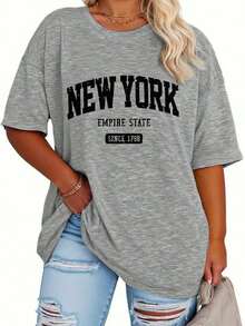 Plus Size Women's Mid-Length Short-Sleeve T-Shirt, Casual And Loose Style, With "New York" Letter Print On The Round Neck - 灰色的 - 查看 3