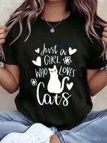 ropa de mujer Camiseta de mujer con estampado "Just A Girl Who Loves Cats", cuello redondo, corte holgado informal, ideal para uso diario y como regalo, camisas de mujer - Negro - Ver 1