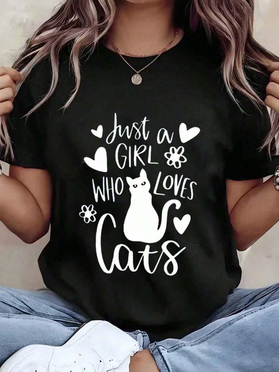ropa de mujer Camiseta de mujer con estampado "Just A Girl Who Loves Cats", cuello redondo, corte holgado informal, ideal para uso diario y como regalo, camisas de mujer - Negro - Ver 1