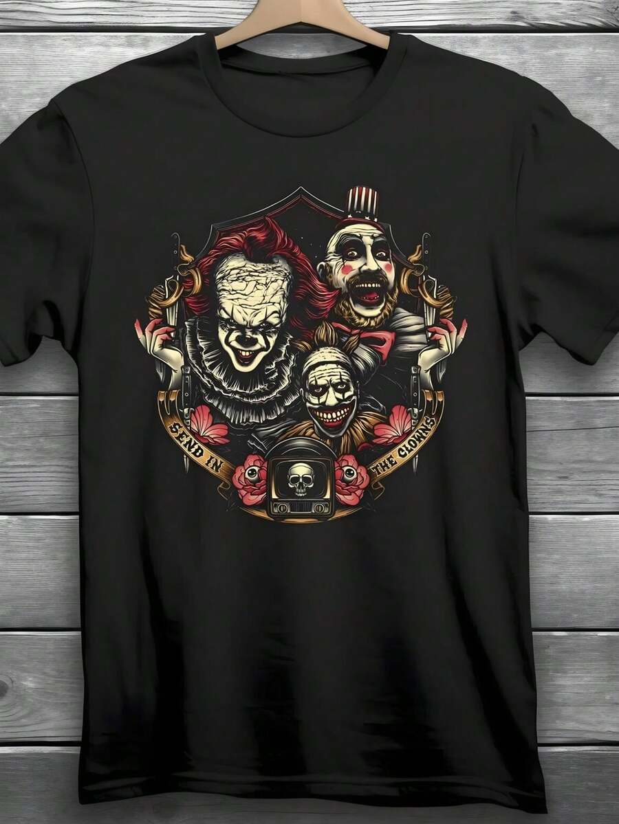 CamisetainformalyCamiseta versátil para hombre con estampado de payaso gótico de terror-Camisa negra de manga corta con un diseño único que muestra un payaso aterrador, rosas rojas y calaveras, ideal para Halloween y ocasiones de terror, de apariencia llamativa y audaz, perfecta para uso diario y para entusiastas del terror. Camisetas con diseños gráficos para niños pequeños adecuadas para el uso diario, camisetas para hombre, camisetas temáticas de primavera 2026, camisetas de Pascua para bebés niñas, ropa de verano. - Negro - Ver 1